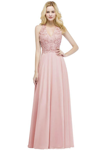 A-Linie V-Ausschnitt Applikationen Chiffon Abend Maxikleider Ärmelloses Brautjungfernkleid