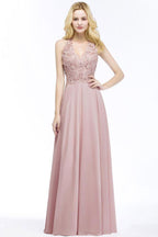 A-line V-neck Appliques Chiffon Evening Maxi Dresses Sleeveless Bridesmaid Dress