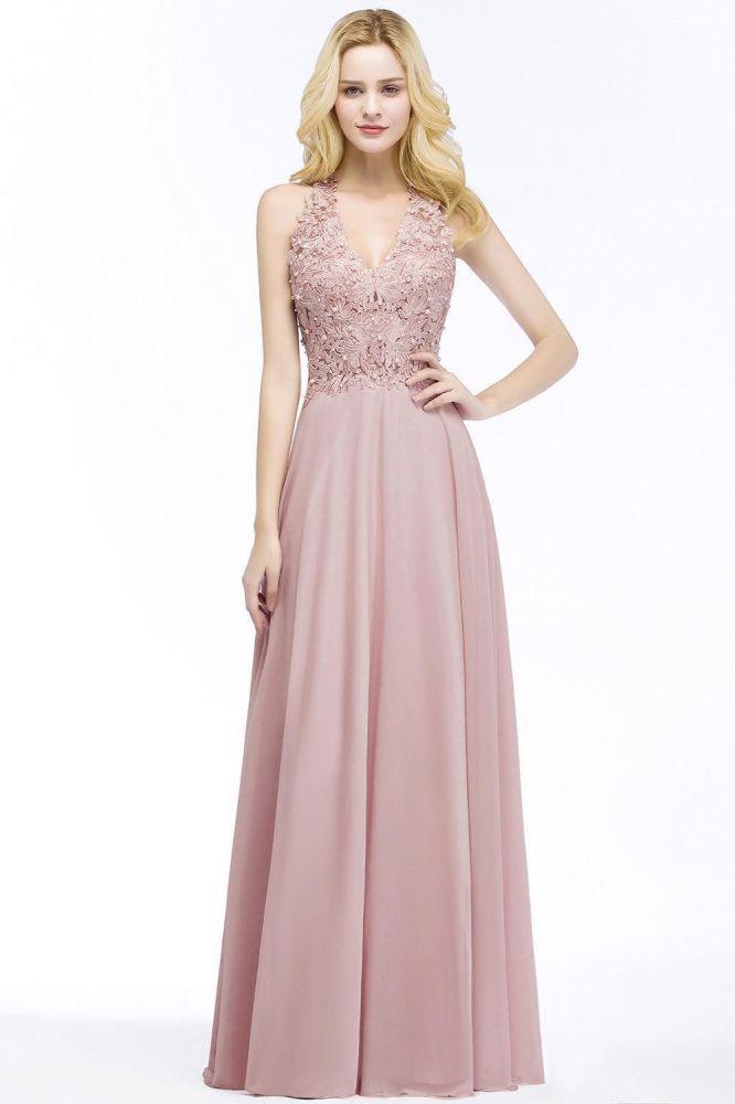 A-line V-neck Appliques Chiffon Evening Maxi Dresses Sleeveless Bridesmaid Dress
