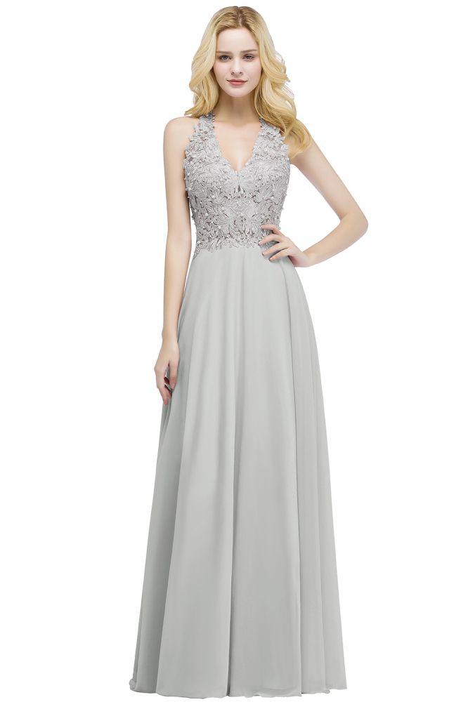 A-line V-neck Appliques Chiffon Evening Maxi Dresses Sleeveless Bridesmaid Dress