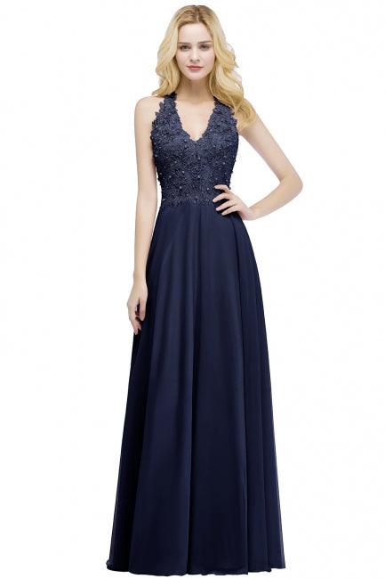 A-line V-neck Appliques Chiffon Evening Maxi Dresses Sleeveless Bridesmaid Dress