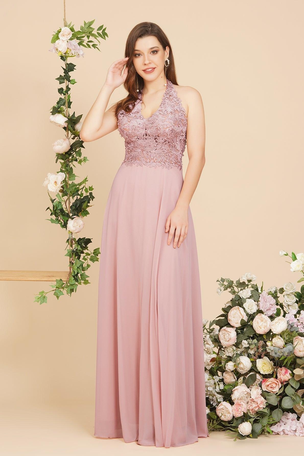 A-line V-neck Appliques Chiffon Evening Maxi Dresses Sleeveless Bridesmaid Dress