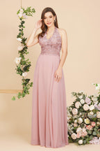 A-line V-neck Appliques Chiffon Evening Maxi Dresses Sleeveless Bridesmaid Dress