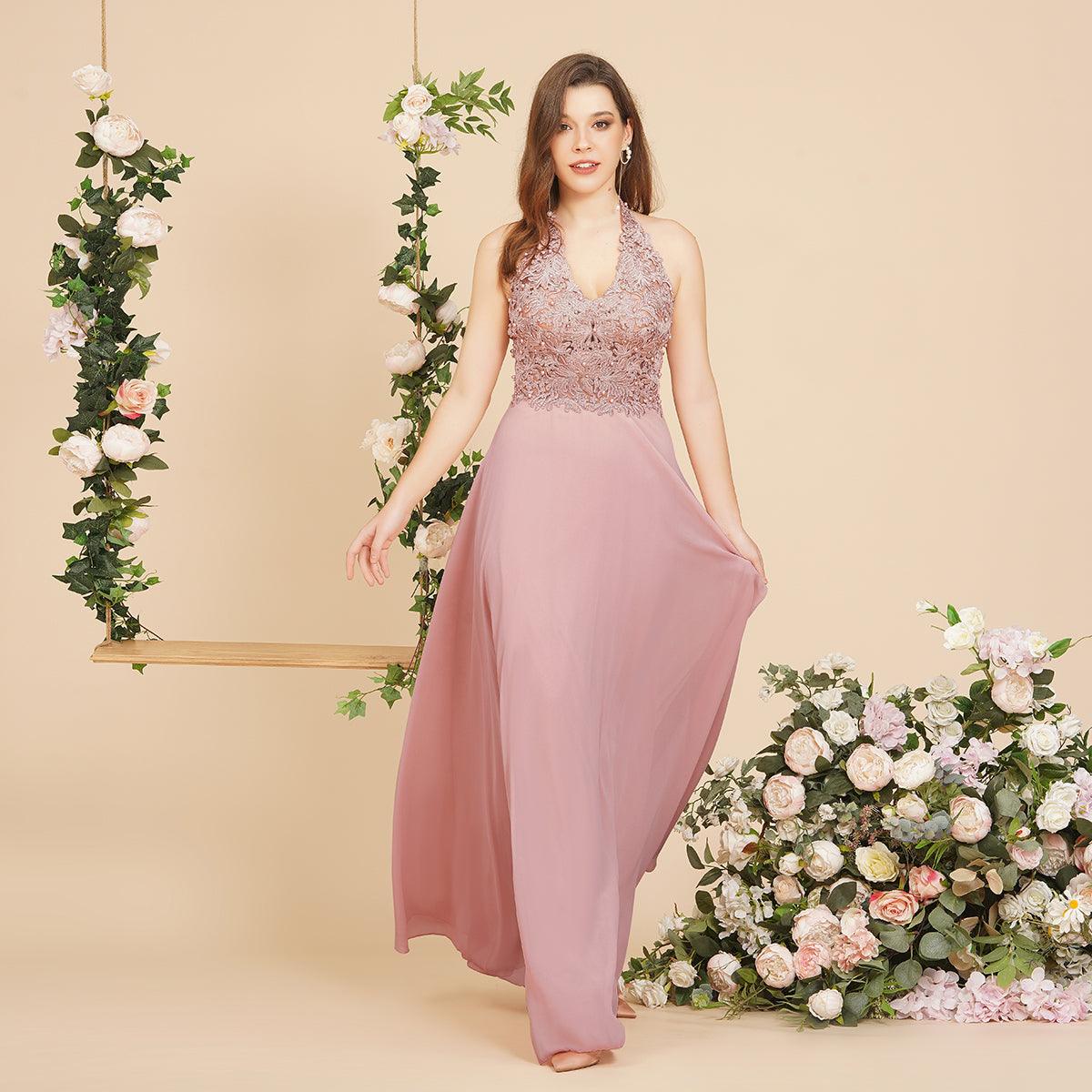 A-line V-neck Appliques Chiffon Evening Maxi Dresses Sleeveless Bridesmaid Dress