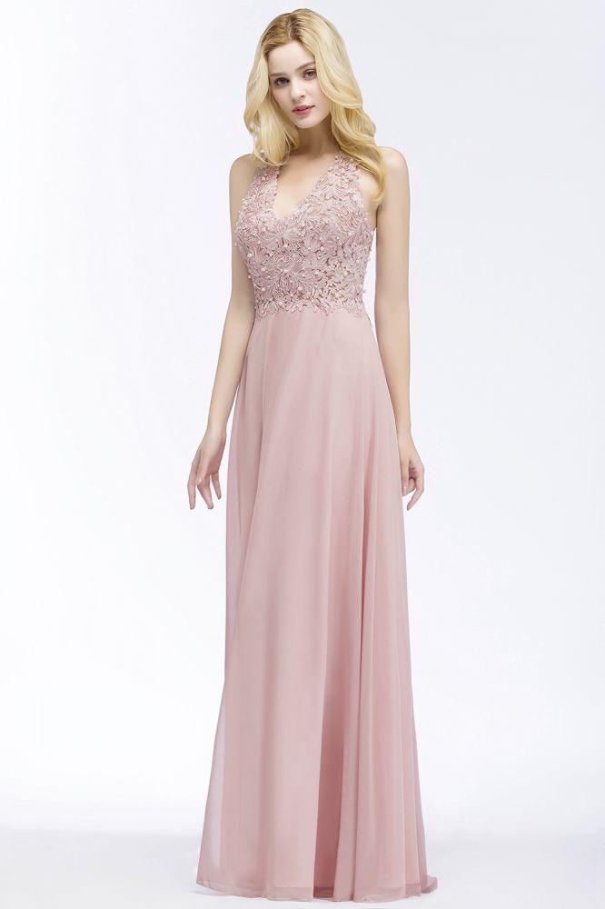 A-line V-neck Appliques Chiffon Evening Maxi Dresses Sleeveless Bridesmaid Dress