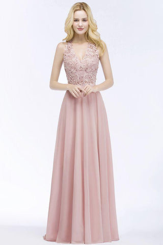 A-Linie V-Ausschnitt Applikationen Chiffon Abend Maxikleider Ärmelloses Brautjungfernkleid