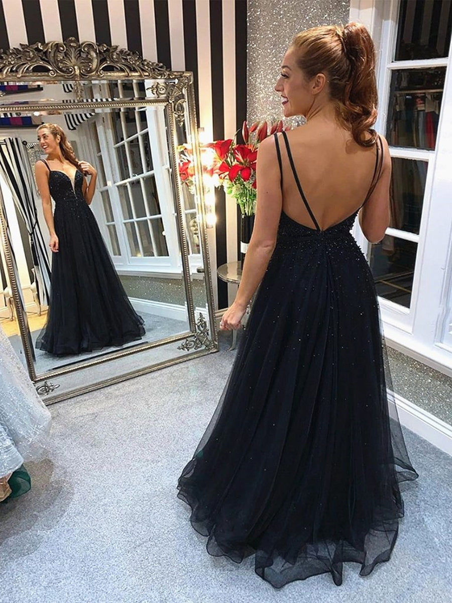 Vestidos de baile pretos compridos, decote em V, costas nuas, com missangas, para formatura e formatura
