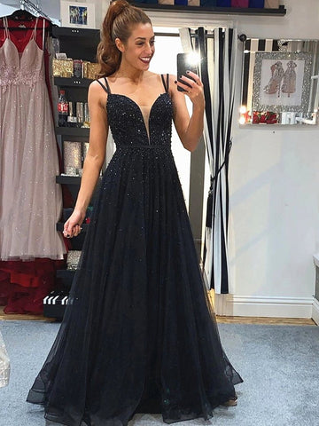 A-Linie V-Ausschnitt Rückenfrei Perlenbesetzt Schwarz Langes Ballkleid Formelle Abschlussfeier Abendkleider