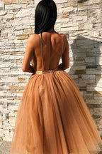 A-Line V-Neck Backless Gold Tulle Homecoming Dress with Appliques  PD227