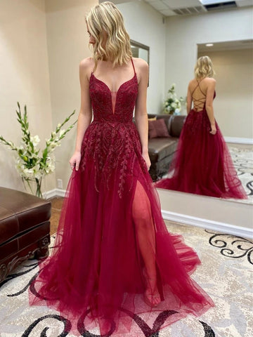 A-Linie, V-Ausschnitt, rückenfreie Spitze, lange Ballkleider mit Schlitz, rückenfreies burgunderrotes Tüll-Abendkleid