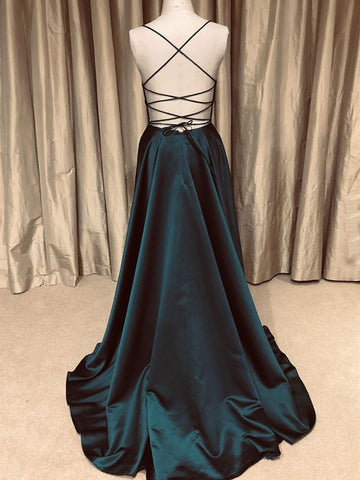 A-Linie V-Ausschnitt Rückenfreies Langes Ballkleid Schlichtes Dunkelgrünes Abendkleid