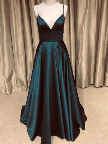 A-Linie V-Ausschnitt Rückenfreies Langes Ballkleid Schlichtes Dunkelgrünes Abendkleid