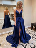 Robe de soirée longue dos nu avec encolure en V et fente, style A, pour bal de promo ou cérémonie de remise de diplôme, avec poches