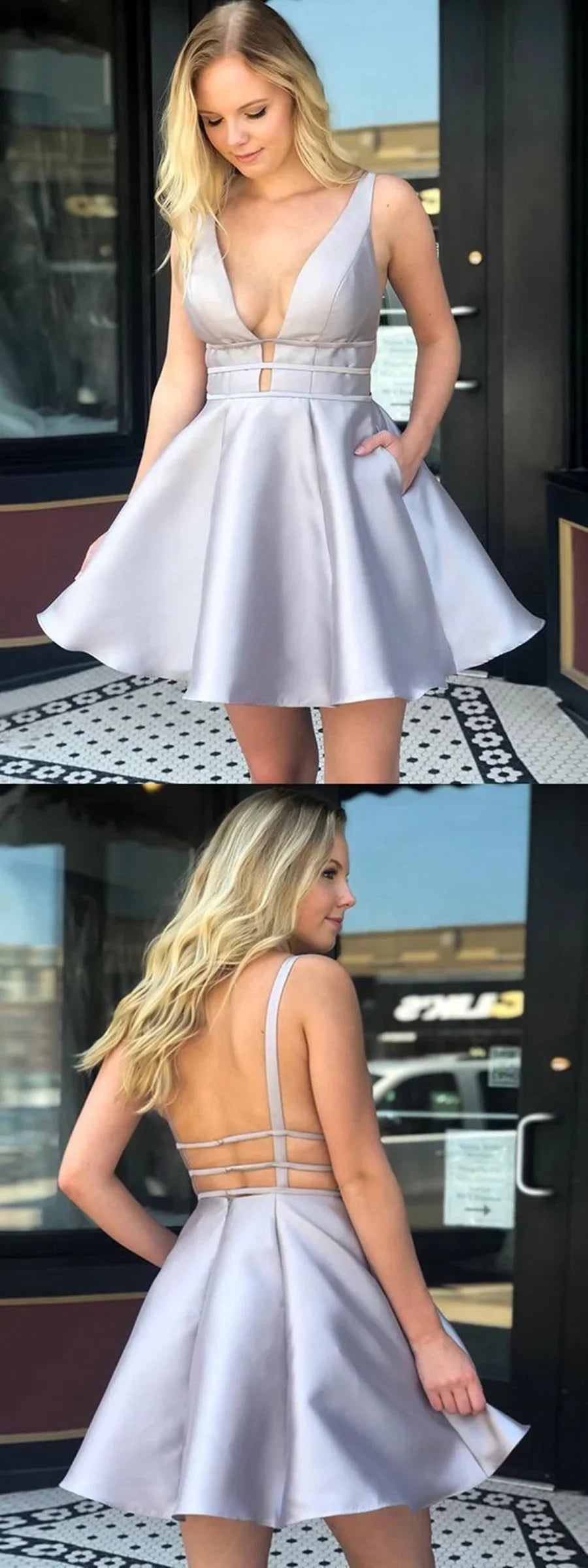 Robe de bal dos nu courte en satin avec encolure en V et poches pour la remise des diplômes, le bal de promo ou les soirées formelles