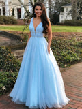 Robe longue de bal à encolure en V avec perles et ceinture perlée, bleu ciel, robe de soirée formelle