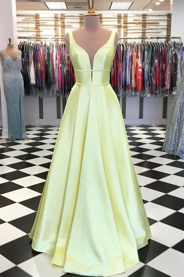 A-Linie V-Ausschnitt Blau Satin Langes Ballkleid/Abendkleid mit Taschen PSK055