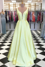 A-Linie V-Ausschnitt Blau Satin Langes Ballkleid/Abendkleid mit Taschen PSK055
