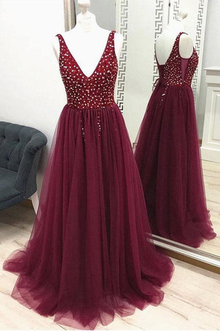 A Line V Neck Burgundy Prom Dress Beaded Split Evening Dress PSK140