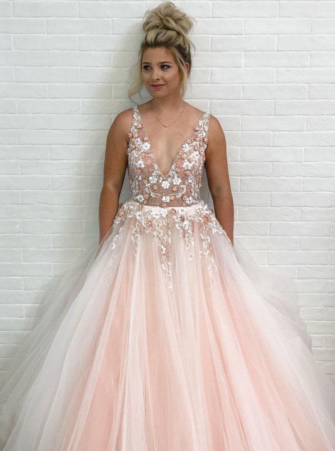 A-Line V-Neck Floor-Length Pink Prom Dress with Appliques Beading PSK053