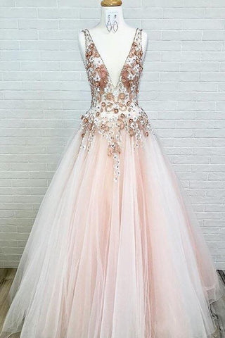 A-Line V-Neck Floor-Length Pink Prom Dress with Appliques Beading PSK053