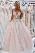 Robe de bal rose longue à l'ourlet, col en V et coupe évasée, avec applications et broderies de perles PSK053