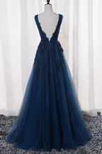A-Line V-neck Floor length Tulle Prom/Evening Dress With Appliques PSK069