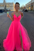 Un Abito da Sera PSK170 Scollato a V con Gonna a Tulle in Rosa Shock