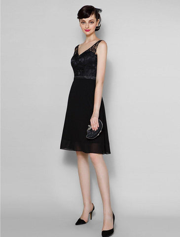 Vestido de madrinha de casamento em chiffon/renda transparente, corte A, decote em V, comprimento até ao joelho, com renda