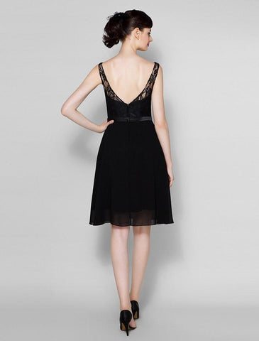 Vestido de madrinha de casamento em chiffon/renda transparente, corte A, decote em V, comprimento até ao joelho, com renda