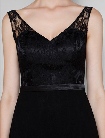 Vestido de madrinha de casamento em chiffon/renda transparente, corte A, decote em V, comprimento até ao joelho, com renda