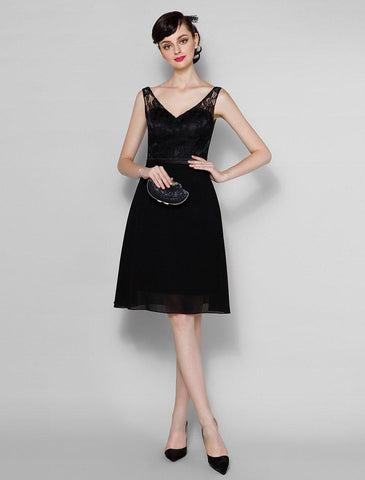 Vestido de madrinha de casamento em chiffon/renda transparente, corte A, decote em V, comprimento até ao joelho, com renda