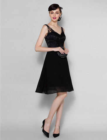 Vestido de madrinha de casamento em chiffon/renda transparente, corte A, decote em V, comprimento até ao joelho, com renda