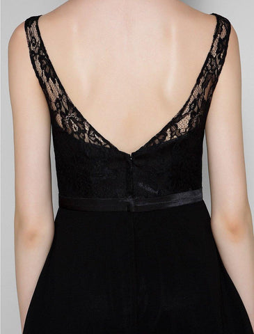 Vestido de madrinha de casamento em chiffon/renda transparente, corte A, decote em V, comprimento até ao joelho, com renda