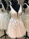 Vestidos cortos de fiesta tipo A con escote en V, encaje y estampado floral, sin espalda, formales, para graduación y baile de bienvenida