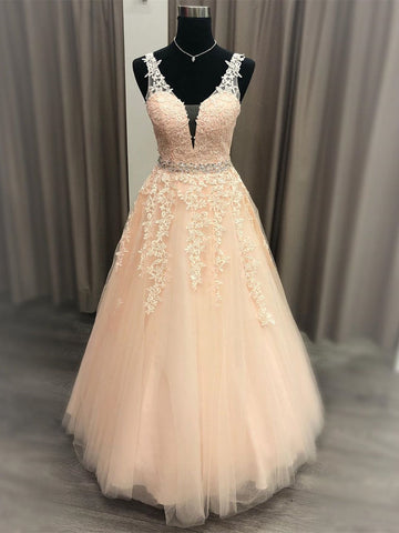 A-Linie V-Ausschnitt Spitze Langes formelles Abschlussballkleid mit Gürtel