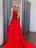 A-line V Neck Lace Long Prom Dresses with Slit Red Chiffon Formal Graduation Evening Gowns