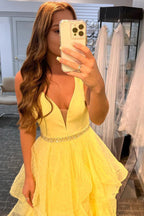 A-line V Neck Layered Tulle Long Prom Dresses with Belt Yellow Formal Graduation Evening Gowns