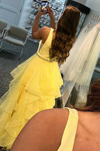 A-line V Neck Layered Tulle Long Prom Dresses with Belt Yellow Formal Graduation Evening Gowns
