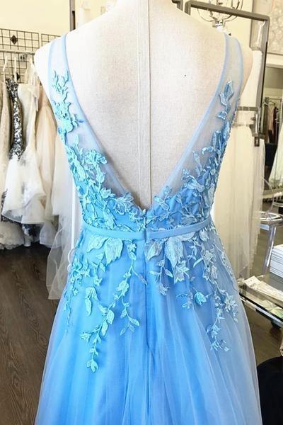 Vestidos de festa em tule com decote em V e renda azul claro PSK031