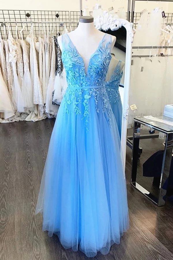 Vestidos de festa em tule com decote em V e renda azul claro PSK031