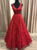 Robe de soirée longue en dentelle, décolleté en V, ligne A, bordeaux, pour bal de promo, cérémonie de remise de diplômes et occasions formelles