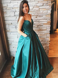 Abito da Sera Formale in Satin con Scollatura a V, Lungo e con Tasche per Ballo