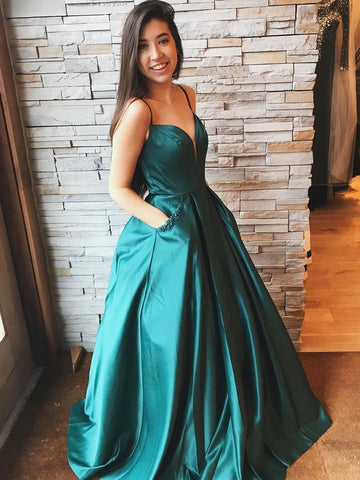 A-Linie V-Ausschnitt Lange Ballkleider mit Taschen Satin Formelle Abendkleider