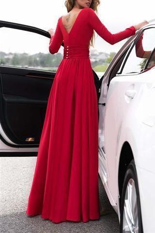 A-Line V-Neck Long Sleeves Dark Green Prom Dress With Split PSK082