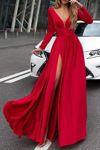 A-Line V-Neck Long Sleeves Dark Green Prom Dress With Split PSK082