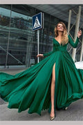 Abito da Sera Verde Scuro con Scollo a V, Maniche Lunghe, Linea A e Spacco PSK082