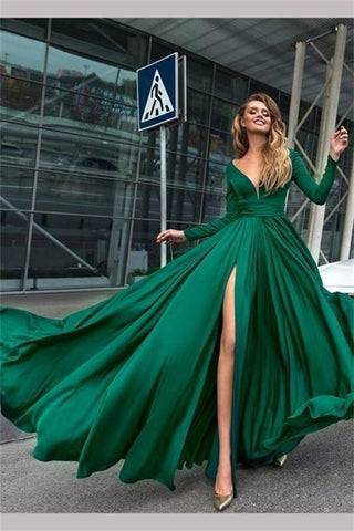 A-Line V-Neck Long Sleeves Dark Green Prom Dress With Split PSK082
