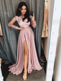 Robe de bal formelle en satin et dentelle, manches longues, col en V, coupe A, avec fente sur la cuisse