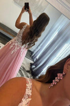 A-line V Neck Open Back Beaded Tulle Lace Long Prom Dresses Pink Formal Graduation Evening Gowns