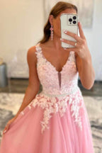 A-line V Neck Open Back Beaded Tulle Lace Long Prom Dresses Pink Formal Graduation Evening Gowns